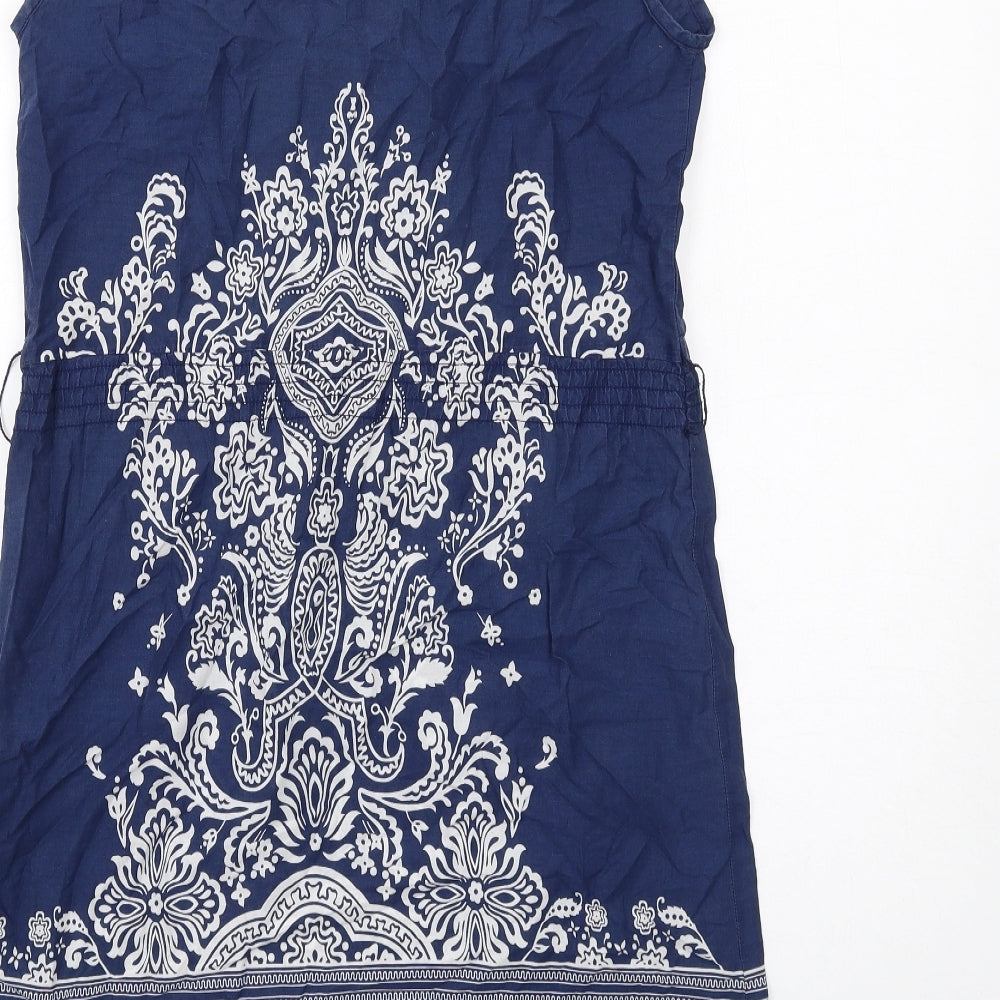 H&M Womens Blue Geometric Cotton Slip Dress Size 10 Square Neck Pullover