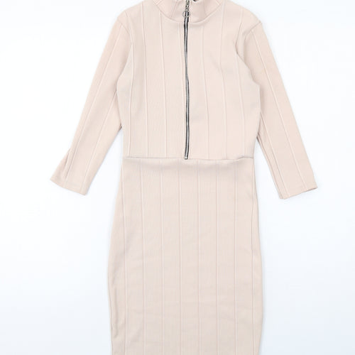 Boohoo Womens Pink Polyester Bodycon Size 6 High Neck Zip
