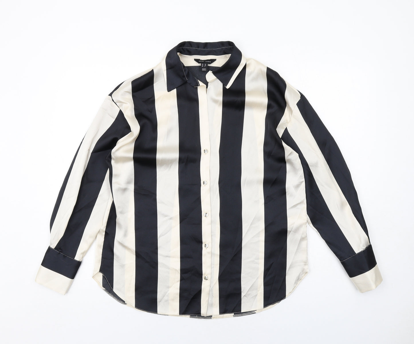 New Look Womens Black Striped Polyester Basic Button-Up Size 10 Collared