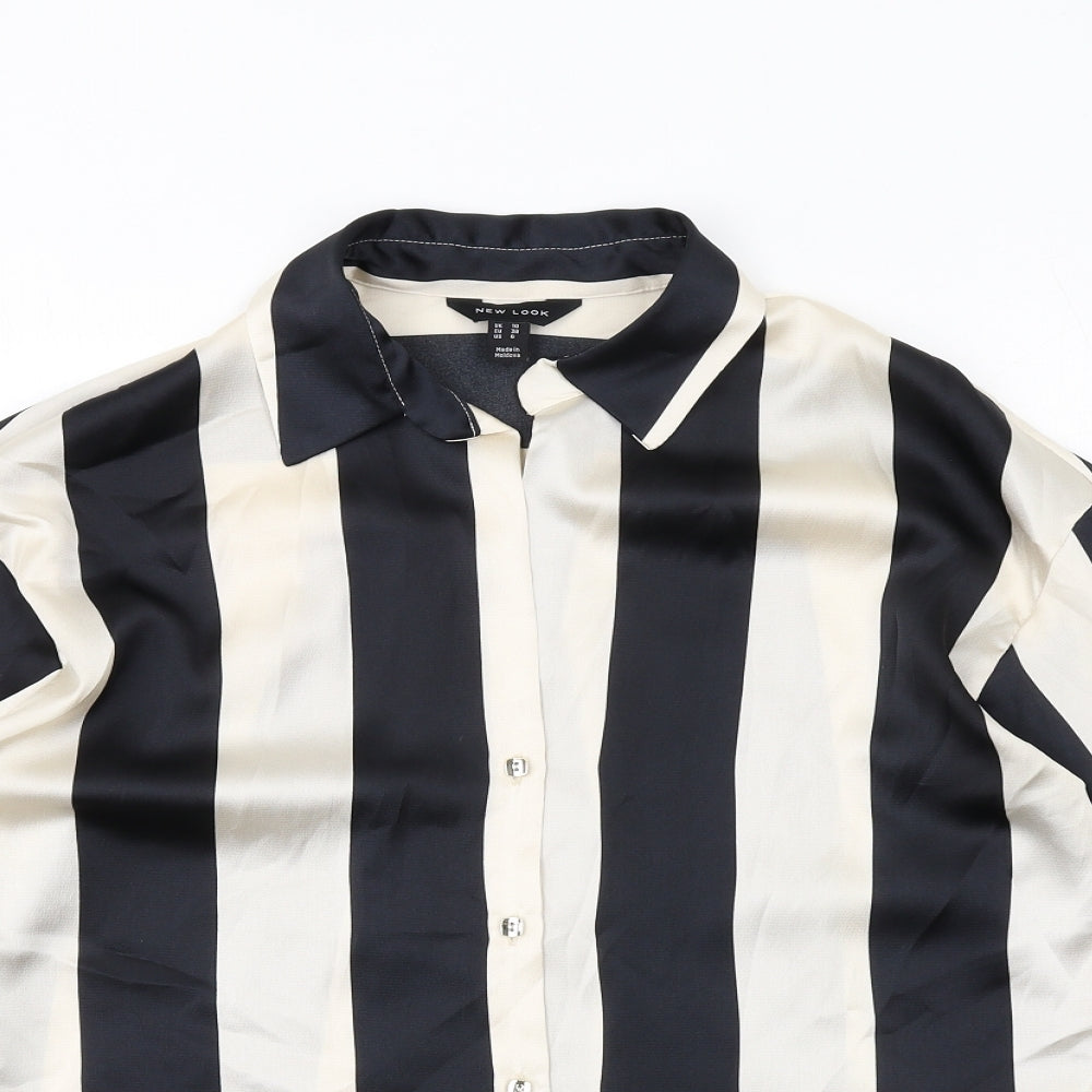 New Look Womens Black Striped Polyester Basic Button-Up Size 10 Collared