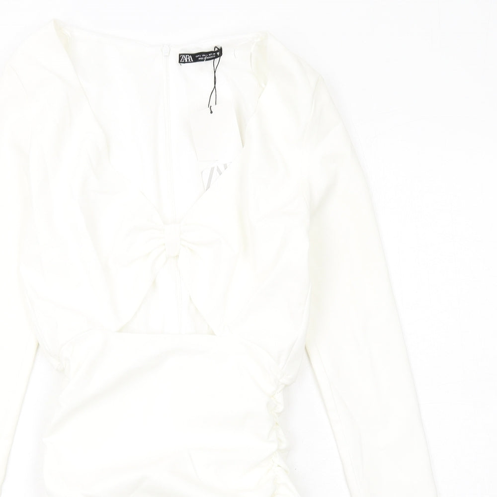 Zara Womens White Polyester Mini Size L V-Neck Zip