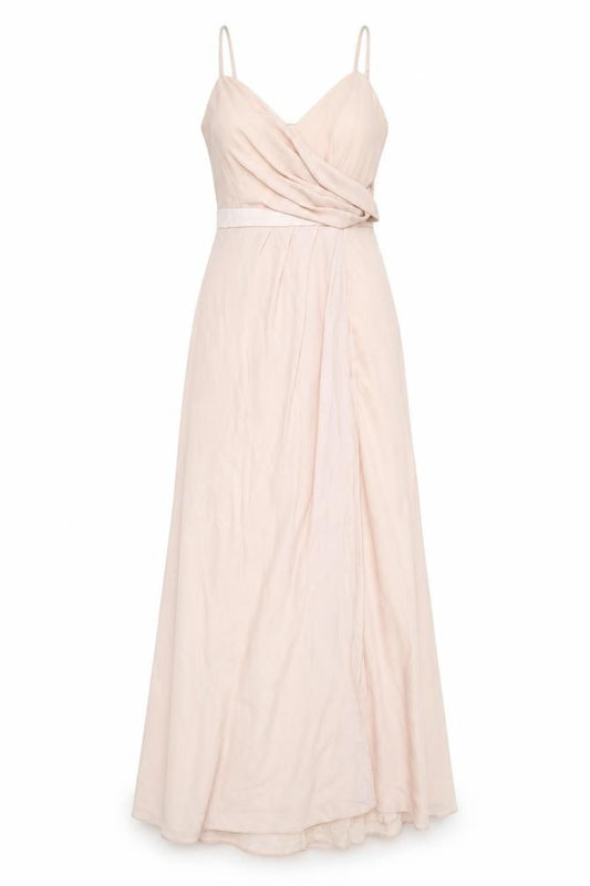 Front view of ASOS women’s pink polyester ball gown, size UK 12, v-neck button - front pleat detail