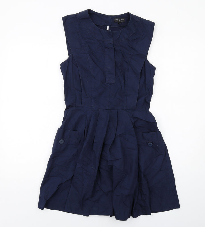 Topshop Womens Blue Cotton Mini Size 10 Round Neck Zip