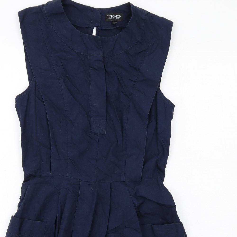 Topshop Womens Blue Cotton Mini Size 10 Round Neck Zip