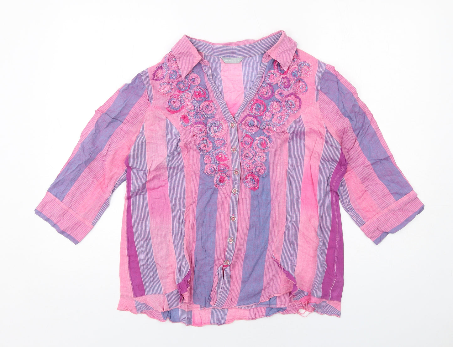 Per Una Womens Pink Striped Cotton Basic Button-Up Size 16 Collared