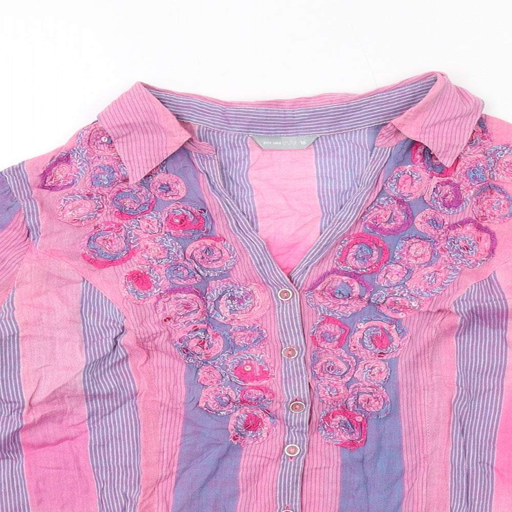 Per Una Womens Pink Striped Cotton Basic Button-Up Size 16 Collared