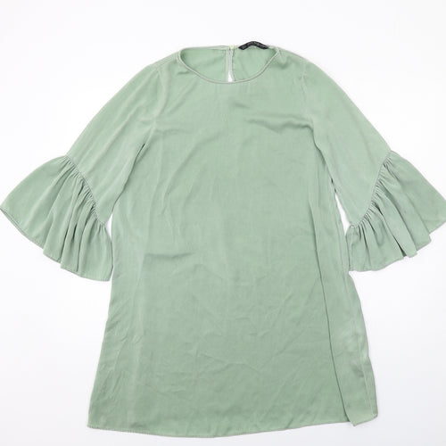 Zara Womens Green Polyester A-Line Size S Round Neck Button