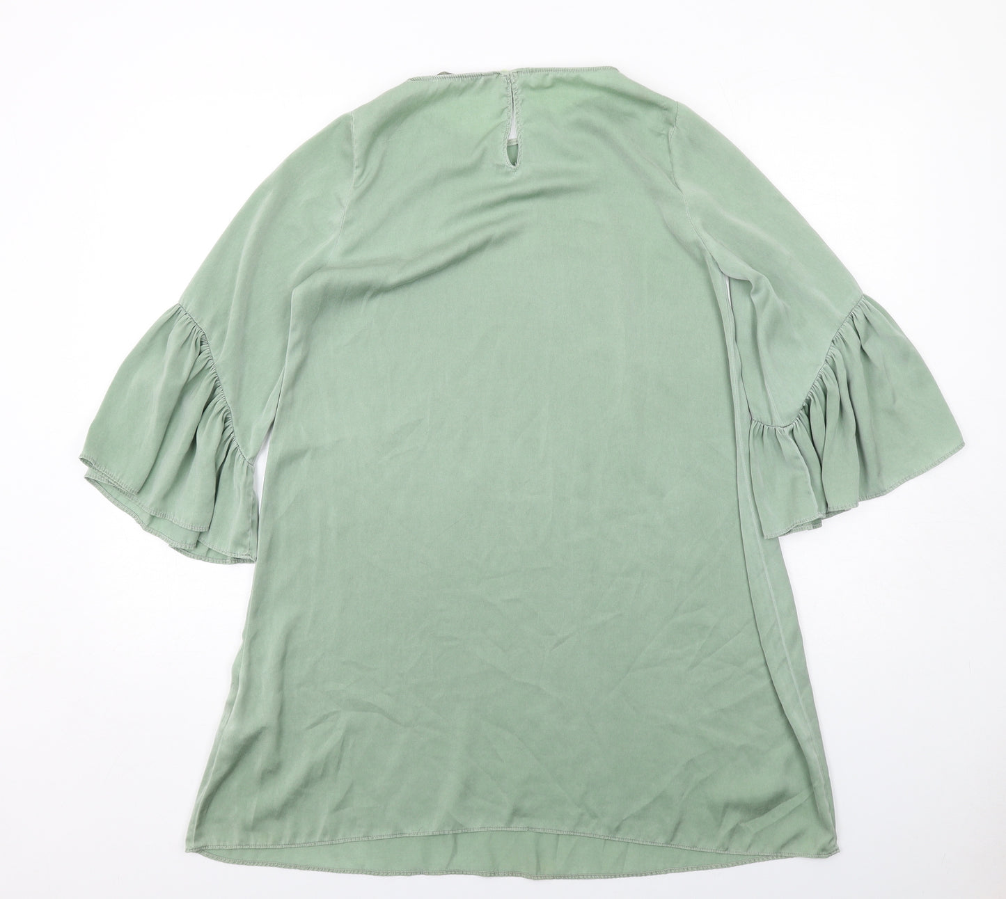 Zara Womens Green Polyester A-Line Size S Round Neck Button