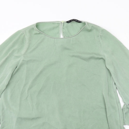 Zara Womens Green Polyester A-Line Size S Round Neck Button