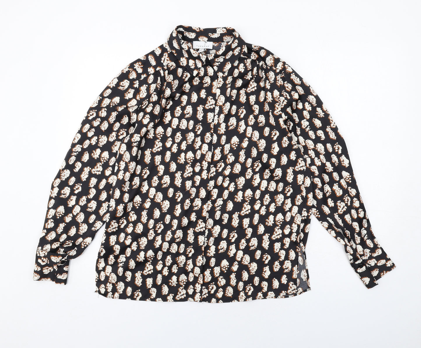 Topshop Womens Black Geometric Polyester Basic Button-Up Size 8 Collared