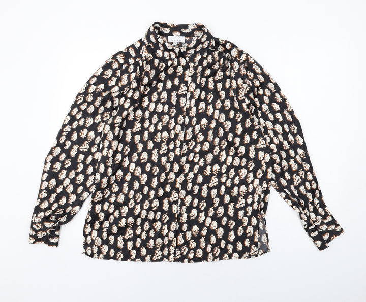 Topshop Womens Black Geometric Polyester Basic Button-Up Size 8 Collared