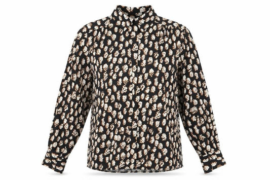 Front view of Topshop women’s black geometric polyester basic button-up, size UK 8, collared