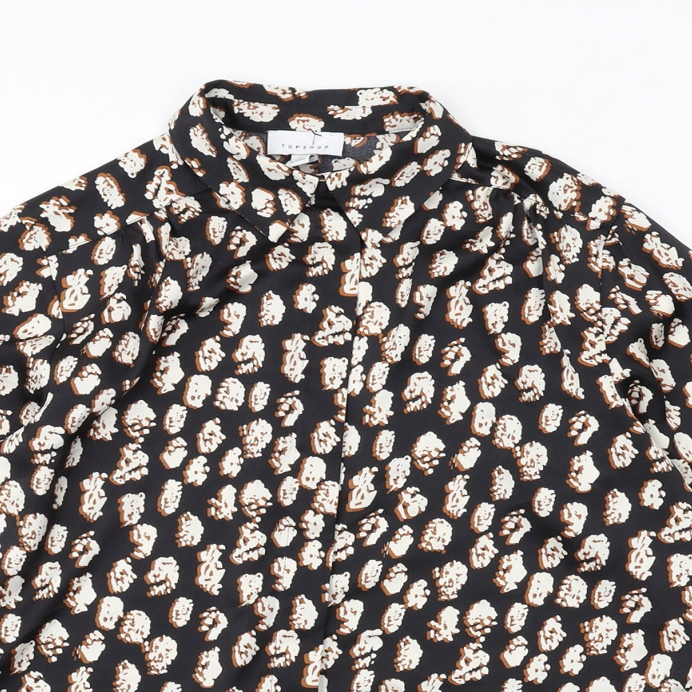 Topshop Womens Black Geometric Polyester Basic Button-Up Size 8 Collared