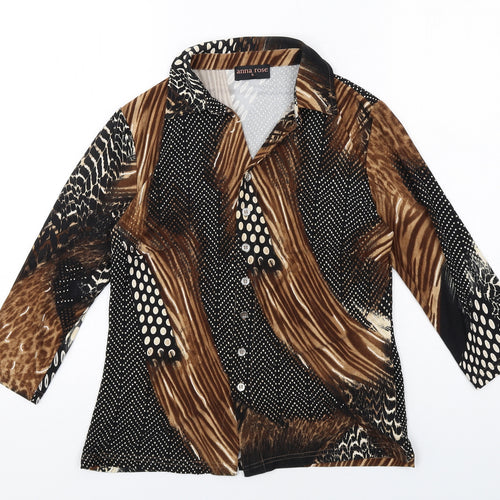 Anna Rose Womens Brown Geometric Polyester Basic Button-Up Size S Collared