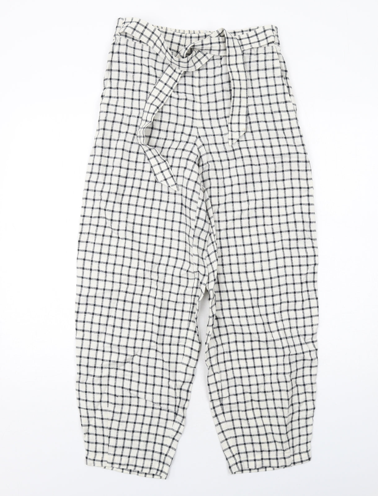 Marks and Spencer Womens Ivory Check Linen Trousers Size 8 Regular