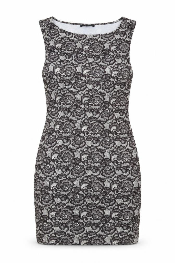 Front view of Forever 21 women’s grey floral polyester shift, size M, boat neck pullover