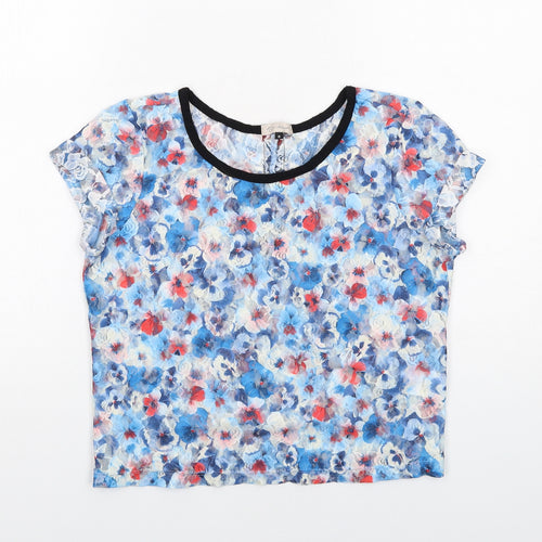 River Island Womens Blue Floral Polyester Basic T-Shirt Size 8 Round Neck