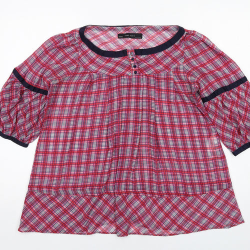 Zara Womens Pink Plaid Polyester Basic Blouse Size M Round Neck