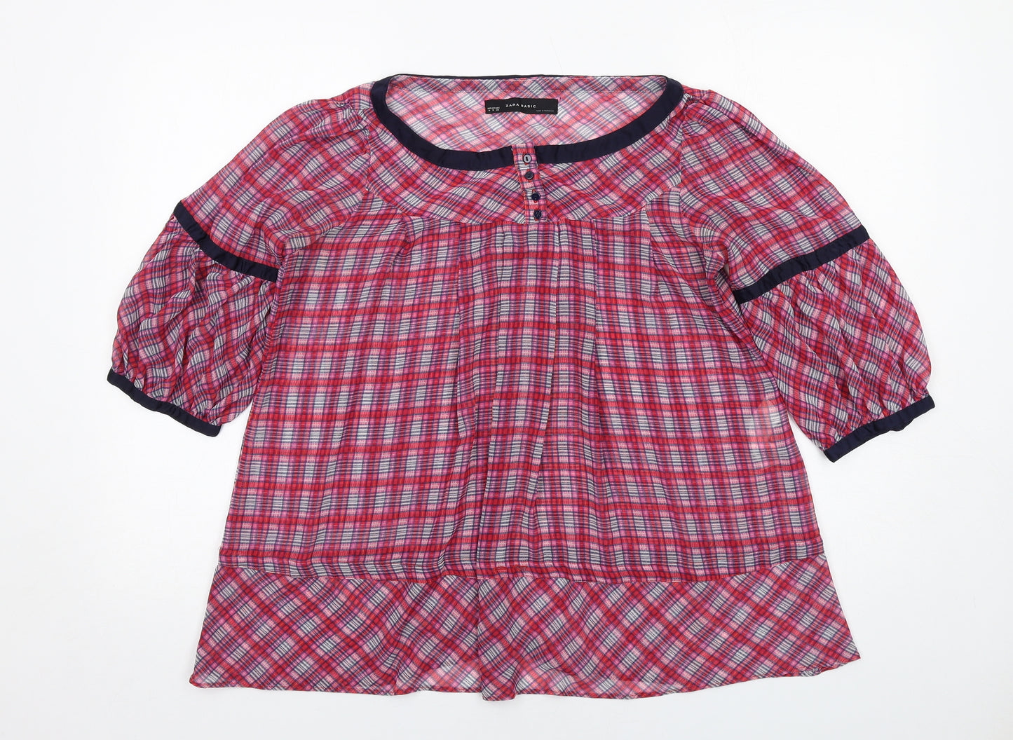 Zara Womens Pink Plaid Polyester Basic Blouse Size M Round Neck