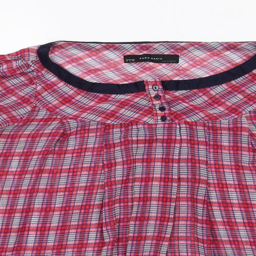 Zara Womens Pink Plaid Polyester Basic Blouse Size M Round Neck