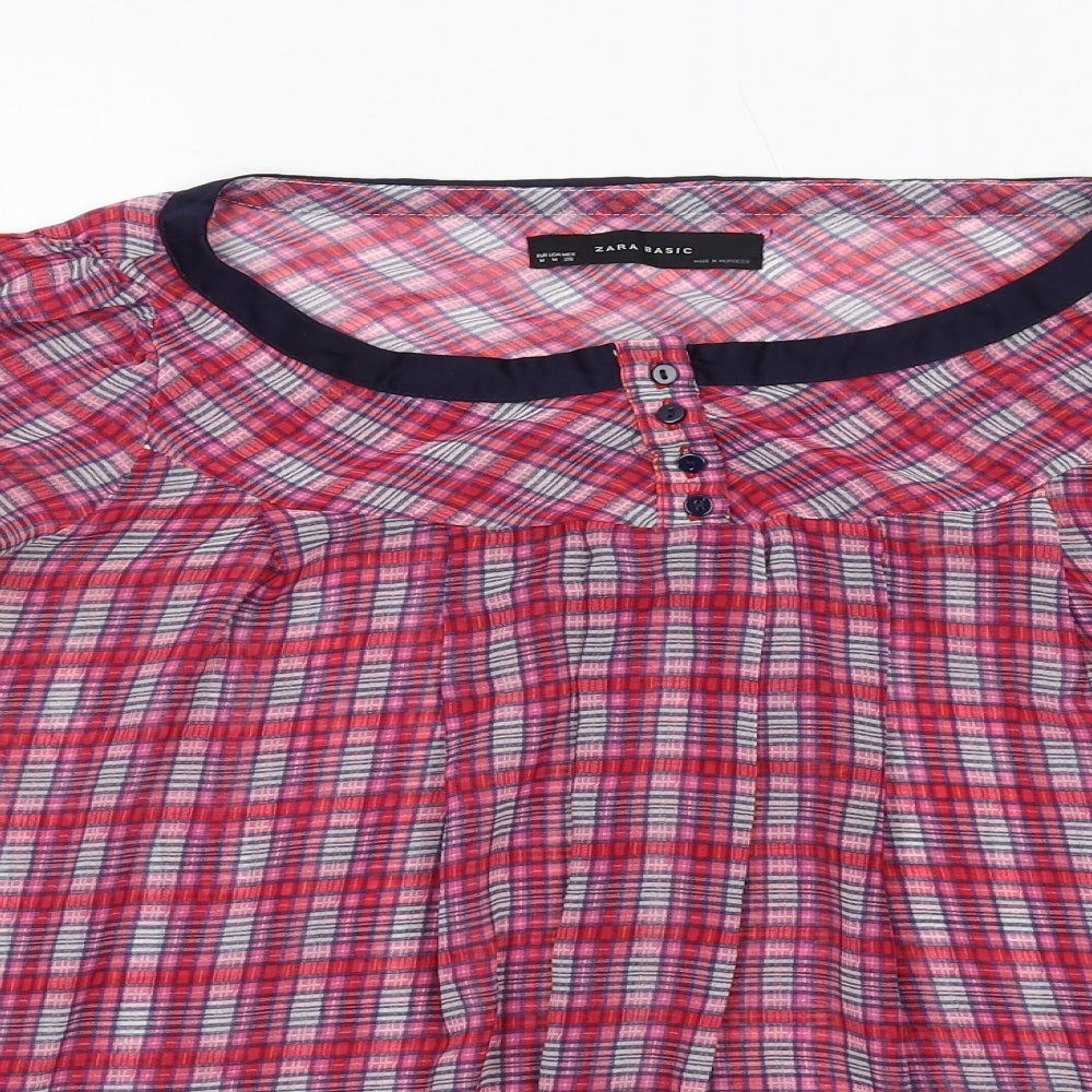 Zara Womens Pink Plaid Polyester Basic Blouse Size M Round Neck
