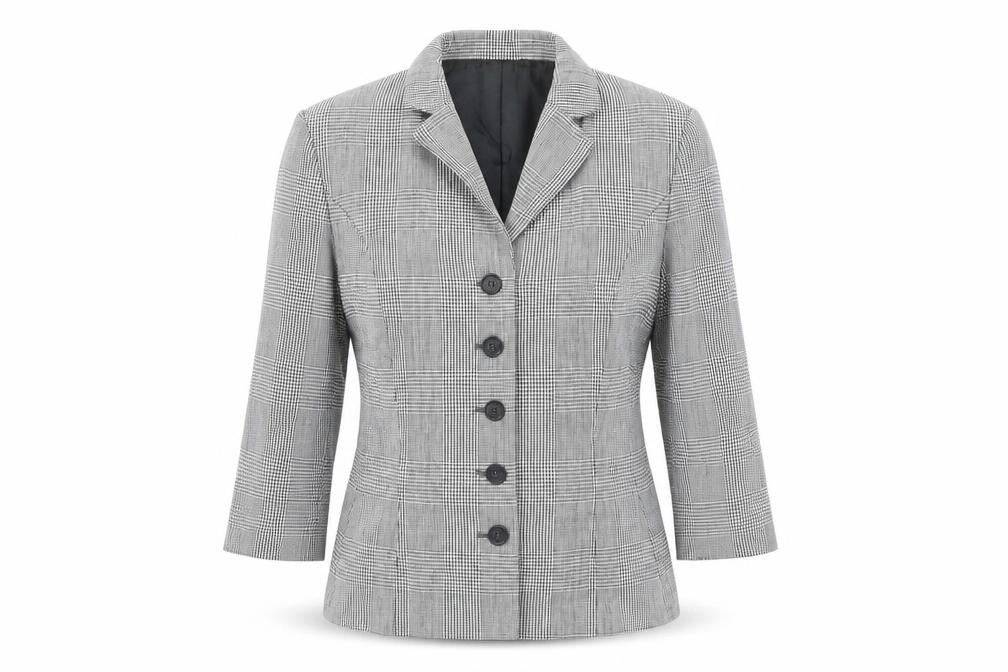 Front view of MONIQUEBROUNS women’s black check polyester jacket blazer, size UK 8