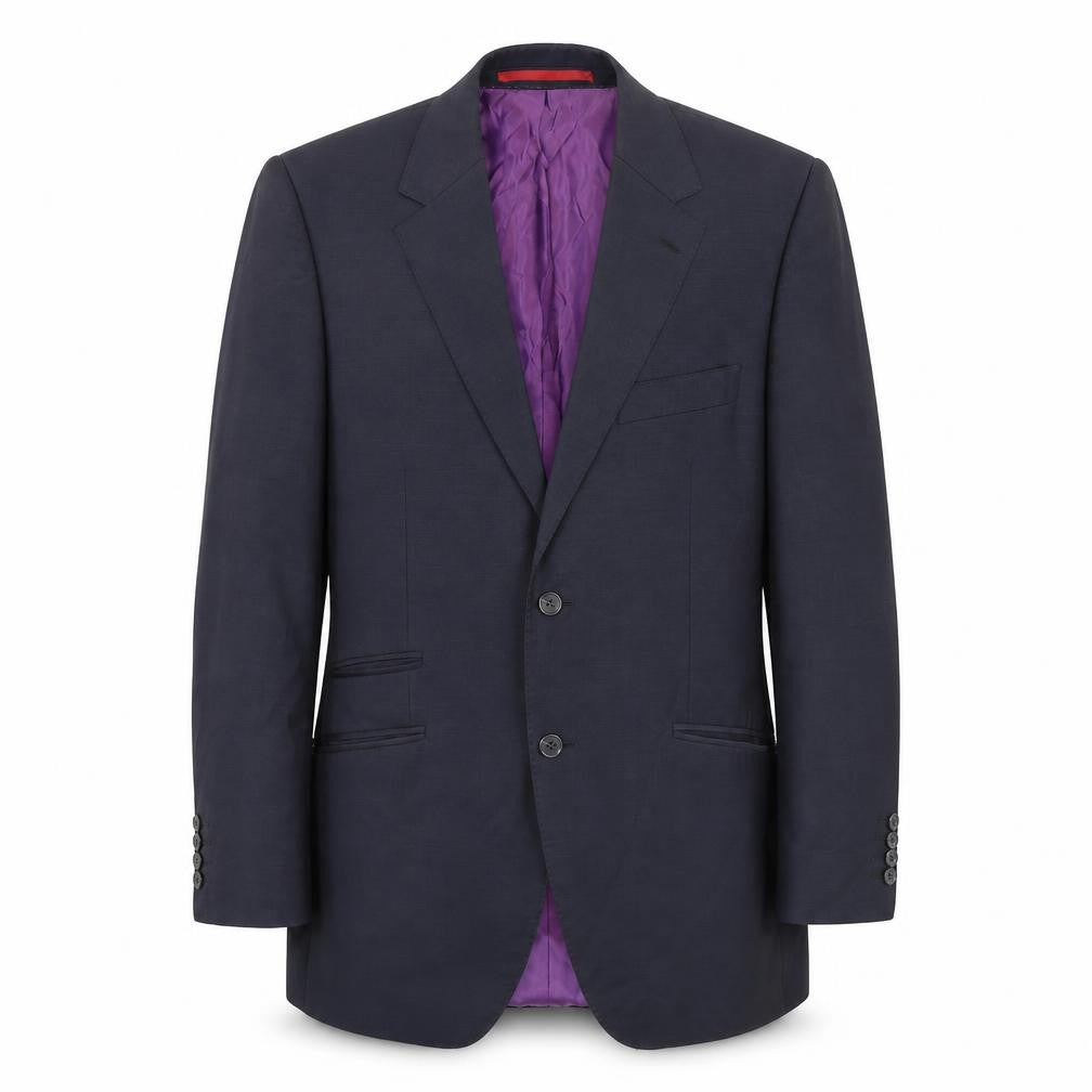 Front view of Howick Tailored men’s blue wool jacket suit jacket, size 38, regular