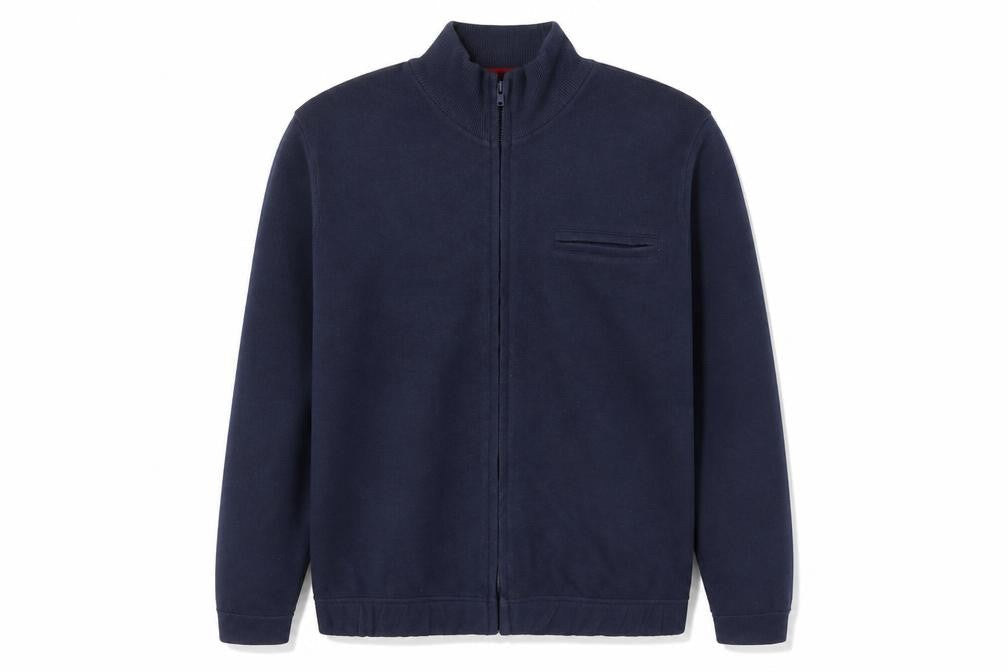 Front view of St.Bernard men’s blue polyester full zip sweatshirt, size M