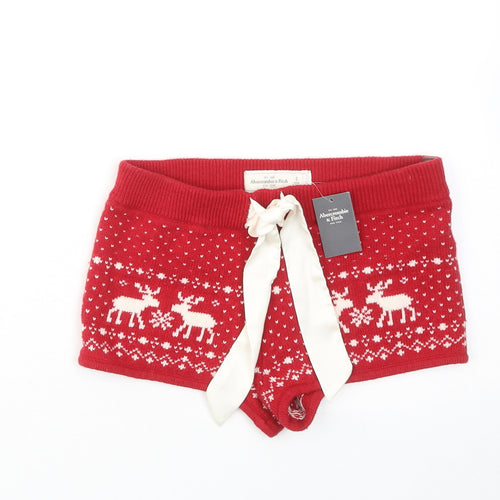 Abercrombie & Fitch Womens Red Geometric Cotton Hot Pants Shorts Size S Regular Drawstring - Christmas Reindeer
