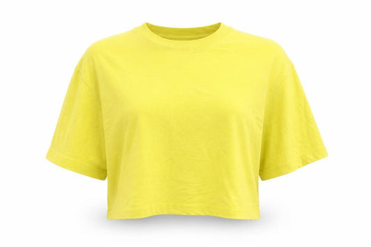 Front view of Collusion women’s yellow cotton cropped t-shirt, size UK 18, round neck