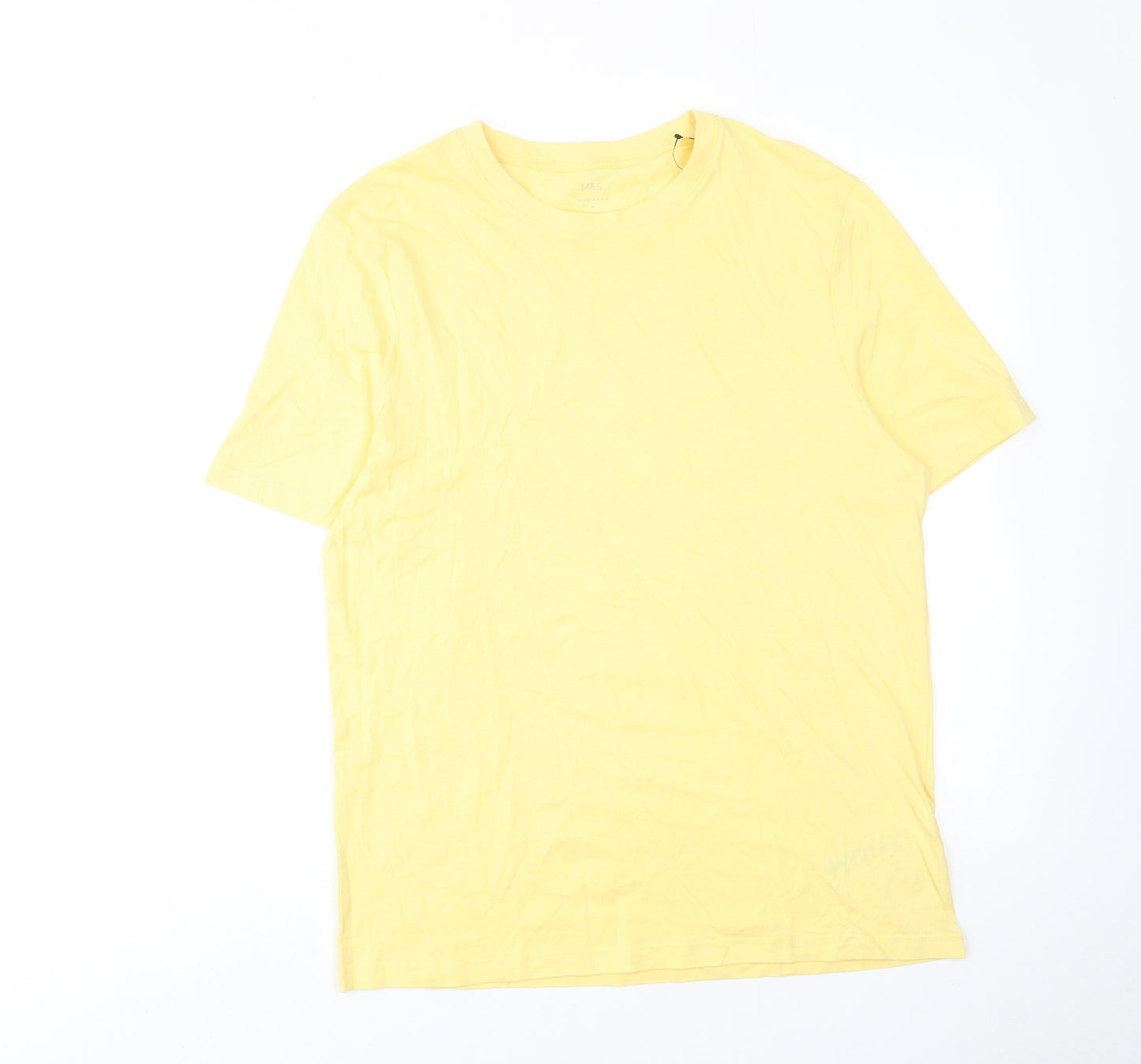 Marks and Spencer Mens Yellow Cotton T-Shirt Size M Round Neck
