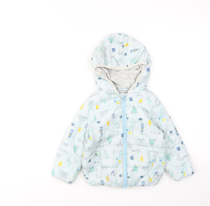 Marks and Spencer Boys Blue Geometric Puffer Jacket Jacket Size 2-3 Years Zip - Cars