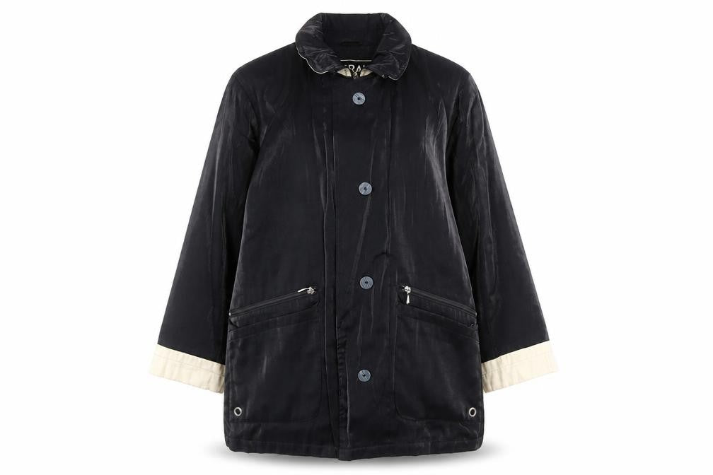 Front view of Astraka women’s black overcoat coat, size S, zip