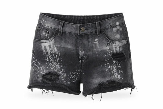 Front view of Denim & Co. women’s black cotton boyfriend shorts, size UK 8, 3-inch leg regular zip - paint splatter raw hems