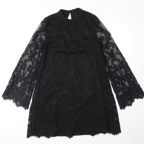 Miss Selfridge Womens Black Polyamide A-Line Size 10 Mock Neck Button