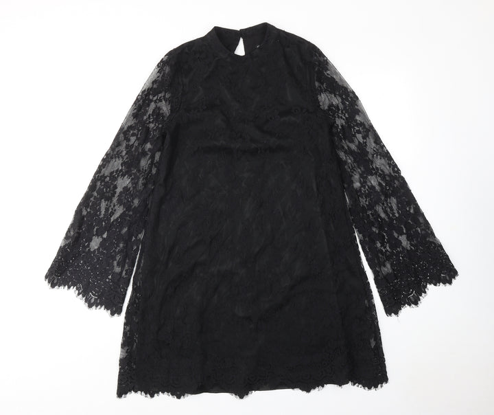 Miss Selfridge Womens Black Polyamide A-Line Size 10 Mock Neck Button