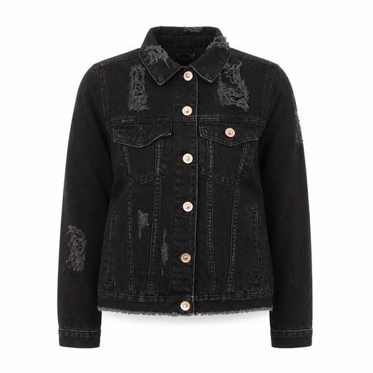 Front view of River Island women’s black jacket, size UK 6, button - distressed