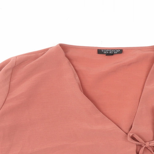 Topshop Womens Pink Polyester Basic Blouse Size 8 V-Neck - Tie Front