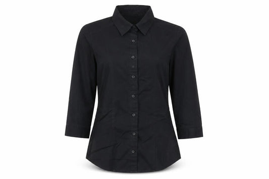 Front view of Marks & Spencer women’s black polyester basic button-up, size UK 8, collared