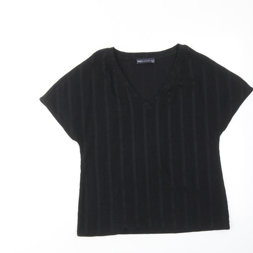 Marks and Spencer Womens Black Striped Polyester Basic T-Shirt Size 6 V-Neck