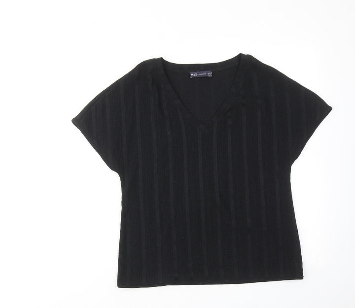 Marks and Spencer Womens Black Striped Polyester Basic T-Shirt Size 6 V-Neck