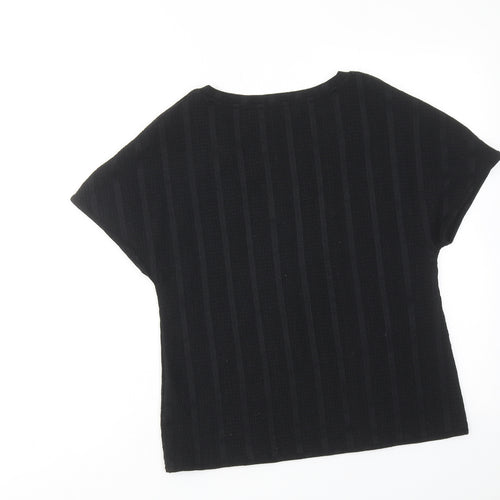 Marks and Spencer Womens Black Striped Polyester Basic T-Shirt Size 6 V-Neck