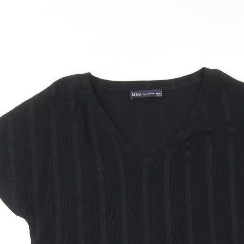 Marks and Spencer Womens Black Striped Polyester Basic T-Shirt Size 6 V-Neck