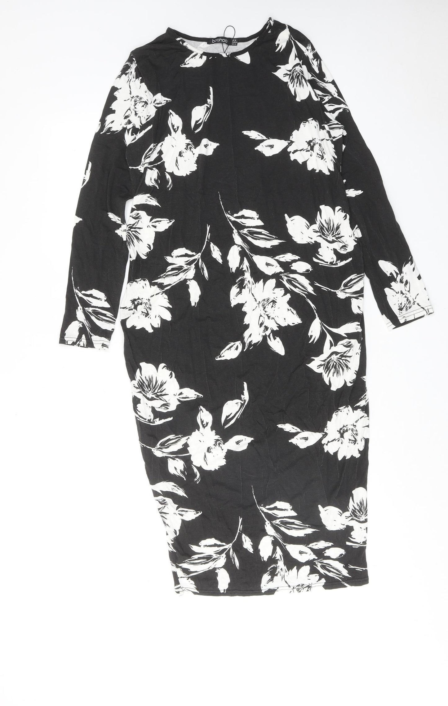 Boohoo Womens Black Floral Viscose Jumper Dress Size 16 Round Neck Pullover