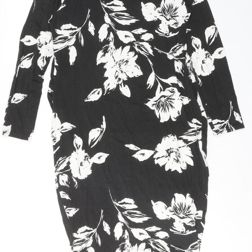 Boohoo Womens Black Floral Viscose Jumper Dress Size 16 Round Neck Pullover