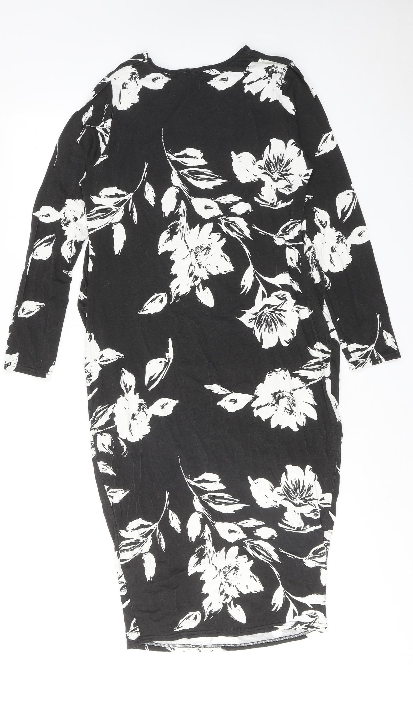 Boohoo Womens Black Floral Viscose Jumper Dress Size 16 Round Neck Pullover