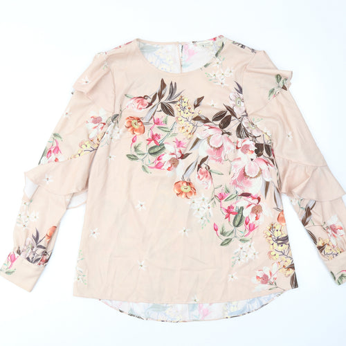 River Island Womens Beige Floral Polyester Basic Blouse Size 8 Round Neck