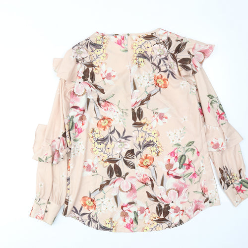 River Island Womens Beige Floral Polyester Basic Blouse Size 8 Round Neck