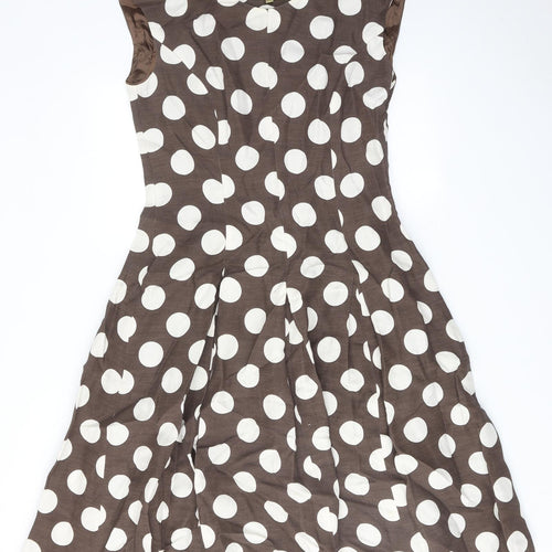 Paul Costelloe Womens Brown Polka Dot Linen Fit & Flare Size 14 Round Neck Zip