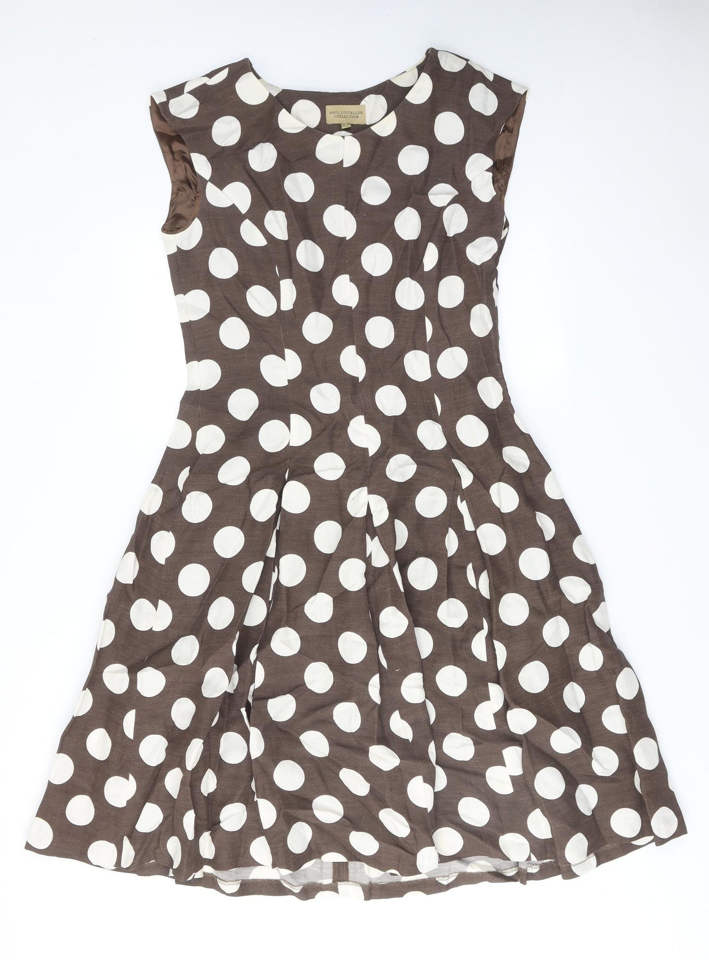 Paul Costelloe Womens Brown Polka Dot Linen Fit & Flare Size 14 Round Neck Zip